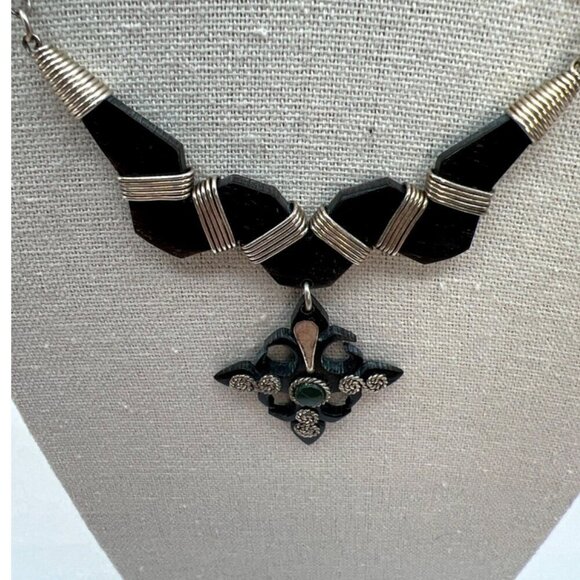 Handcrafted Ethnic Necklace With Black Stone & Acrylic Pendant.   B84 - Picture 3 of 8